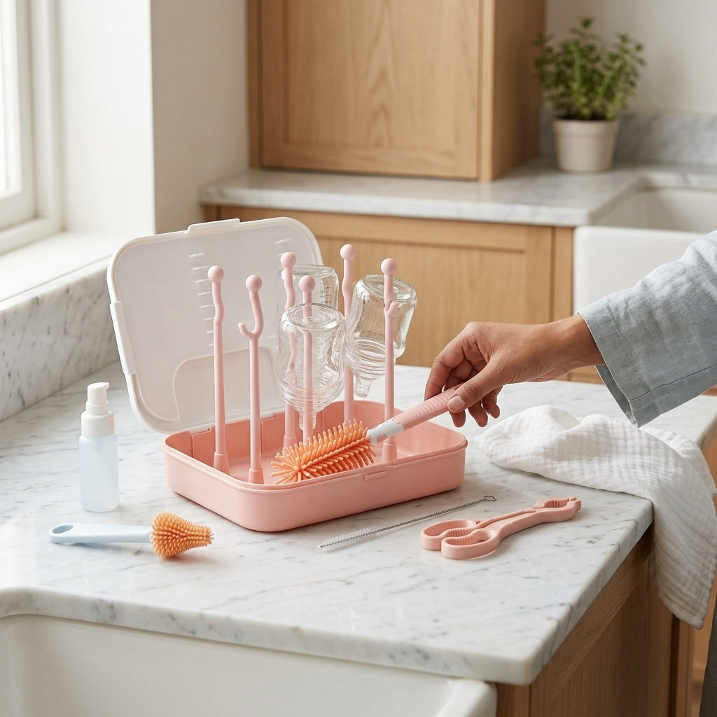 6 in 1 Travel Baby Bottle Brush Kit — Silicone Cleaning Set with Storage & Drying Stand