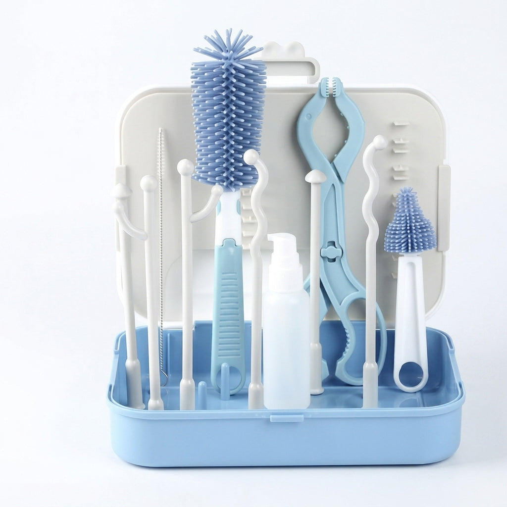 6 in 1 Travel Baby Bottle Brush Kit — Silicone Cleaning Set with Storage & Drying Stand