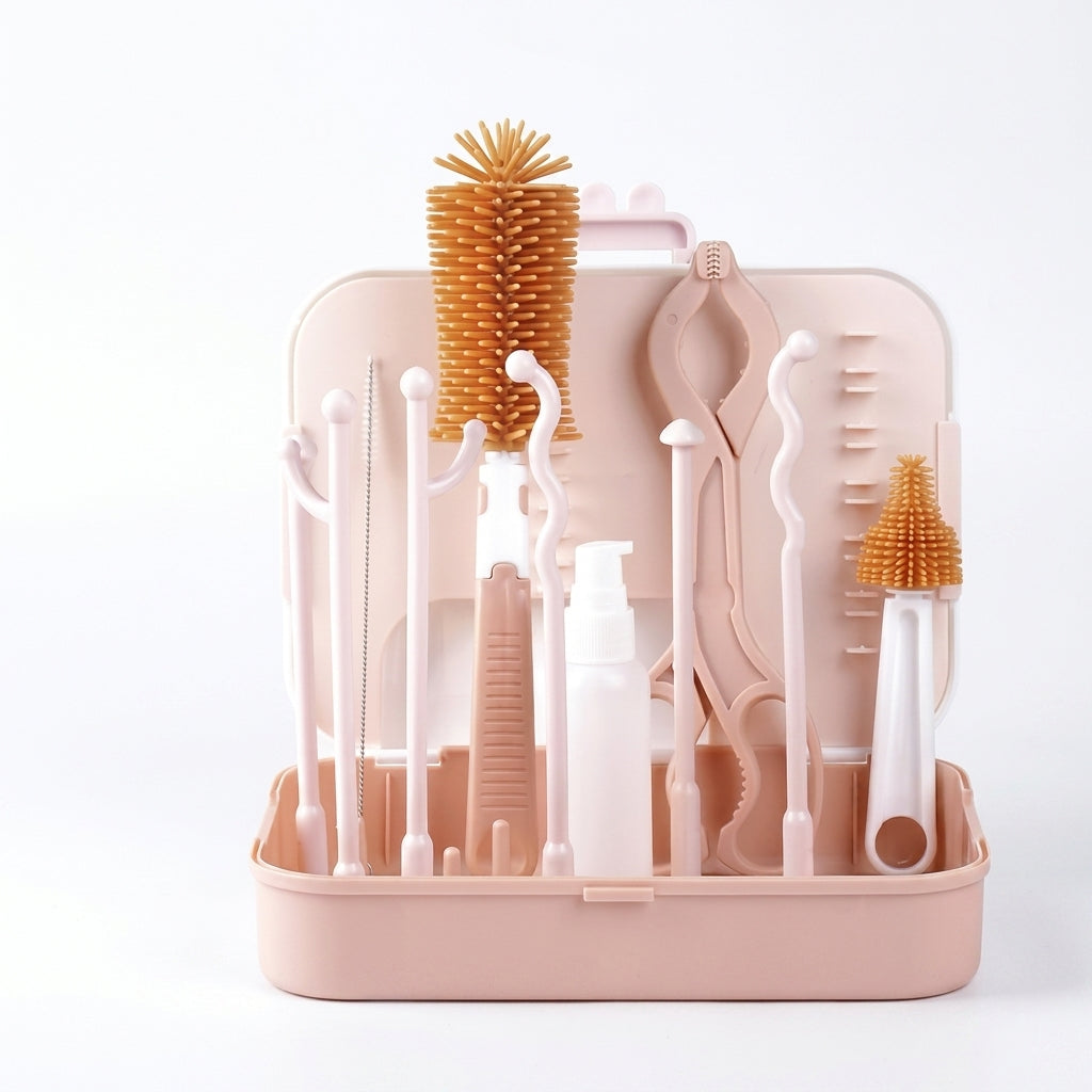 6 in 1 Travel Baby Bottle Brush Kit — Silicone Cleaning Set with Storage & Drying Stand