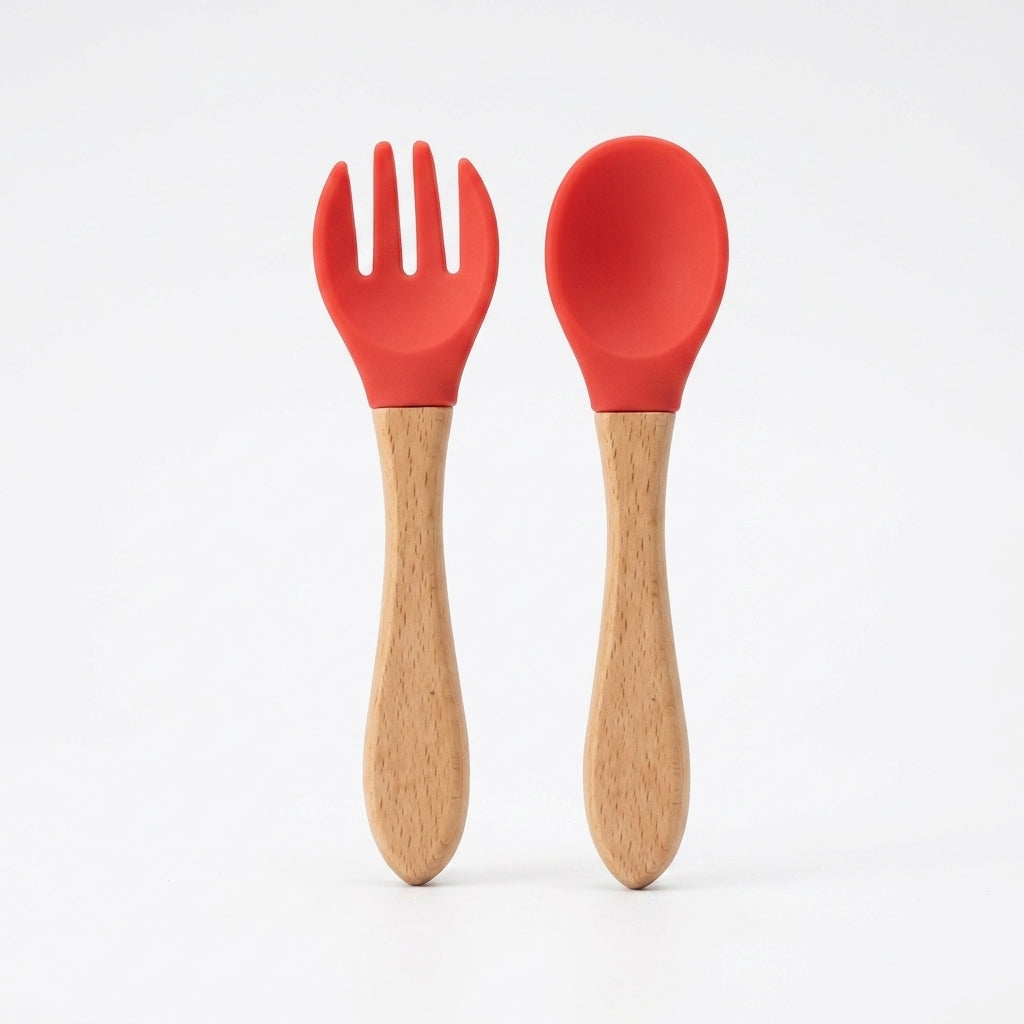 Baby Spoon & Fork Set — Silicone Tips with Natural Wooden Handles for Self-Feeding