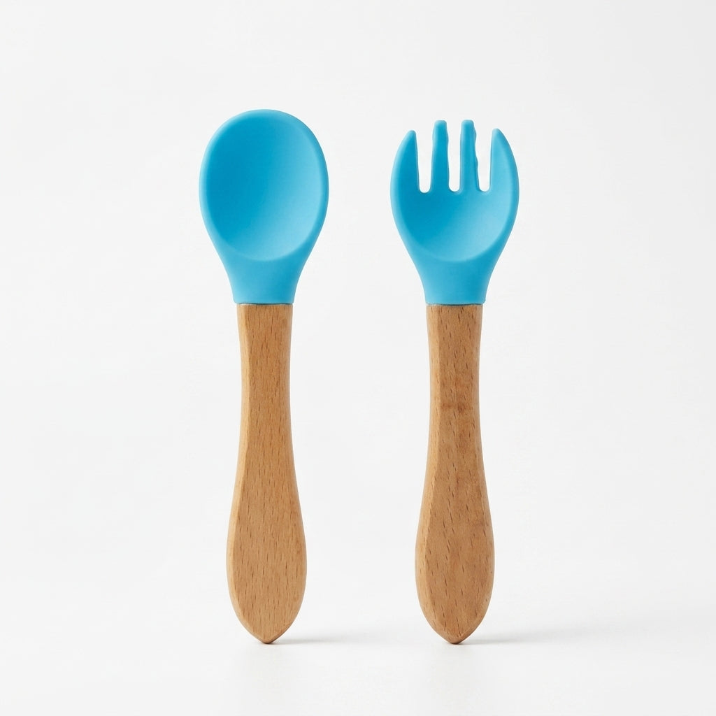 Baby Spoon & Fork Set — Silicone Tips with Natural Wooden Handles for Self-Feeding