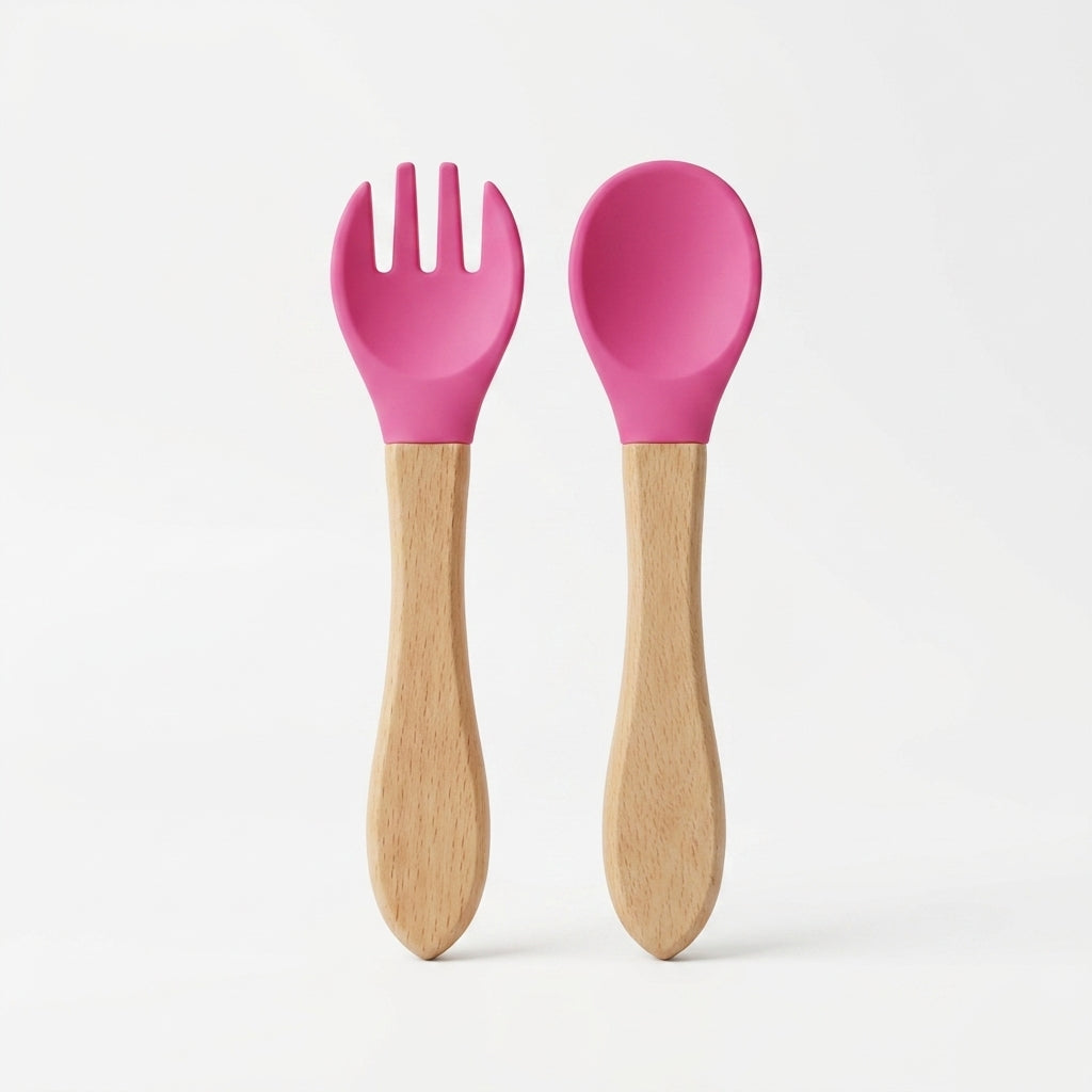 Baby Spoon & Fork Set — Silicone Tips with Natural Wooden Handles for Self-Feeding