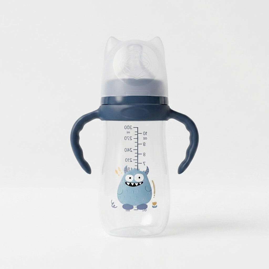 Baby Feeding Bottle with Handles — 300ml Anti-Colic Teat Monster Design Bottle, 9m+