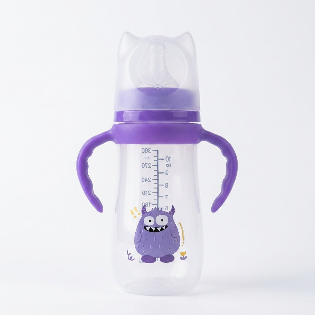 Baby Feeding Bottle with Handles — 300ml Anti-Colic Teat Monster Design Bottle, 9m+