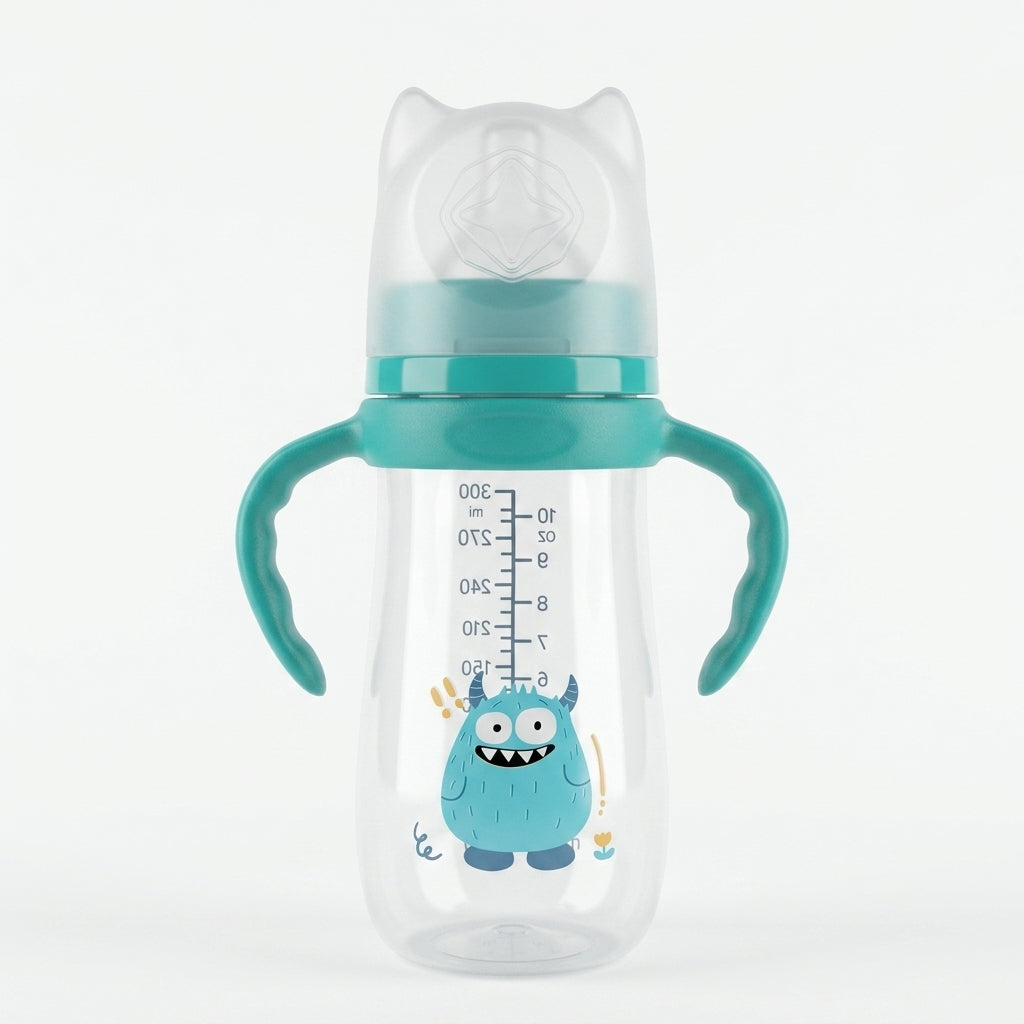 Baby Feeding Bottle with Handles — 300ml Anti-Colic Teat Monster Design Bottle, 9m+