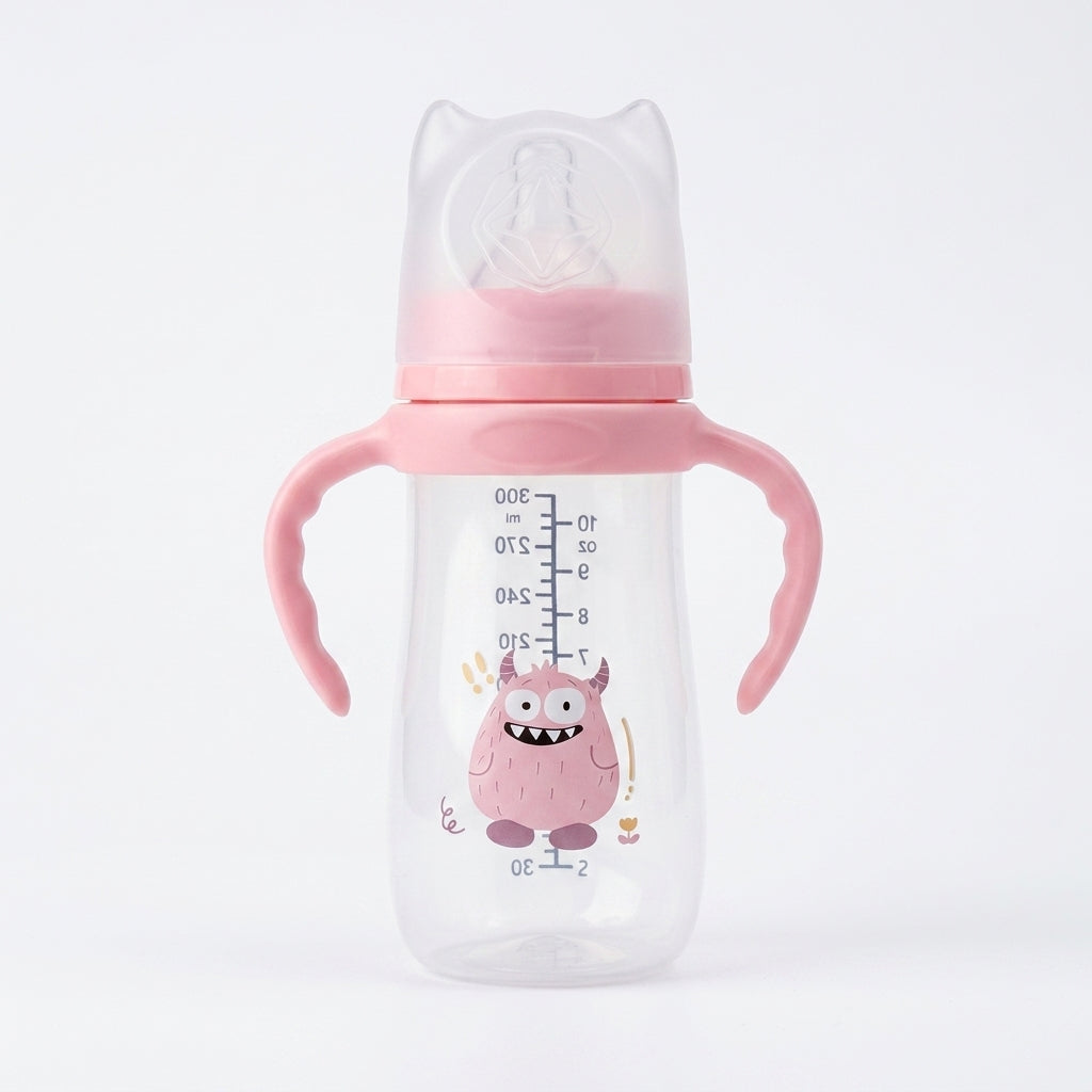 Baby Feeding Bottle with Handles — 300ml Anti-Colic Teat Monster Design Bottle, 9m+