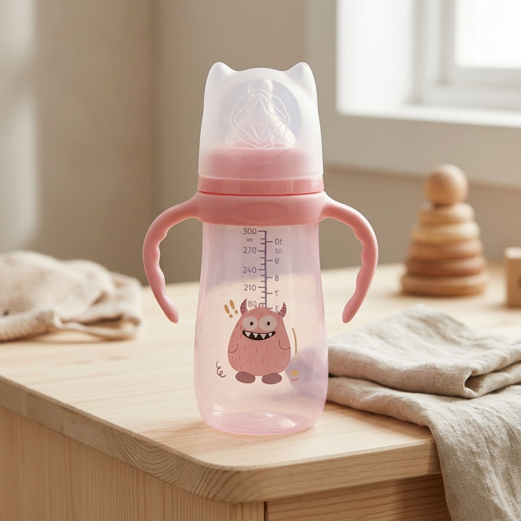 Baby Feeding Bottle with Handles — 300ml Anti-Colic Teat Monster Design Bottle, 9m+