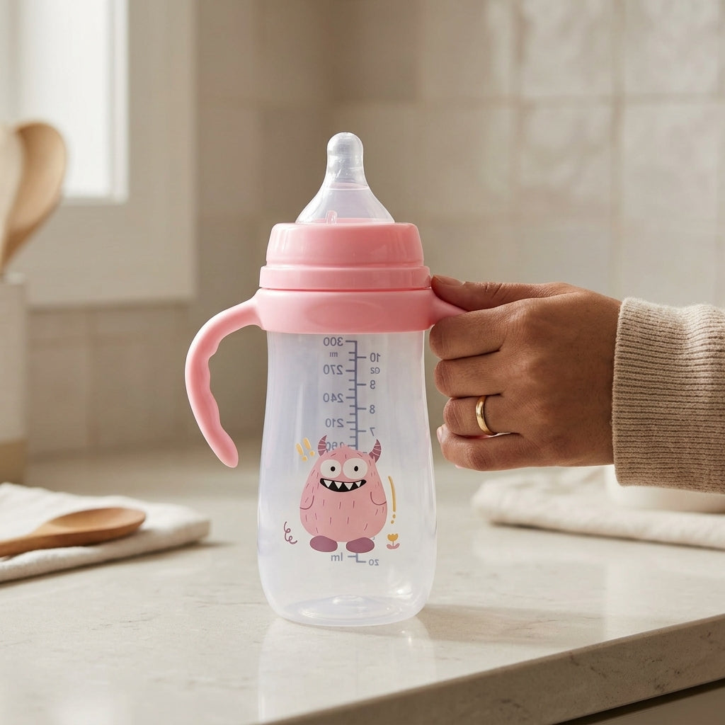 Baby Feeding Bottle with Handles — 300ml Anti-Colic Teat Monster Design Bottle, 9m+