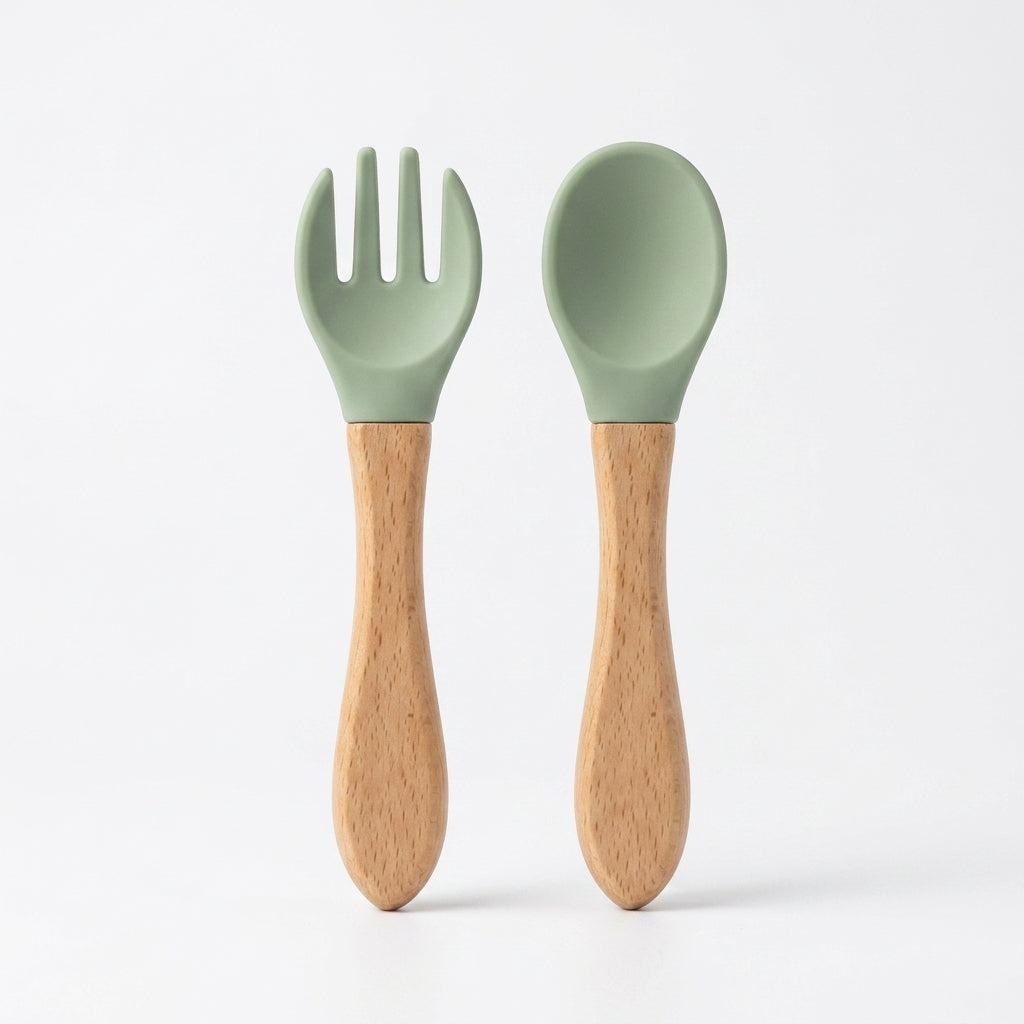 Baby Spoon & Fork Set — Silicone Tips with Natural Wooden Handles for Self-Feeding